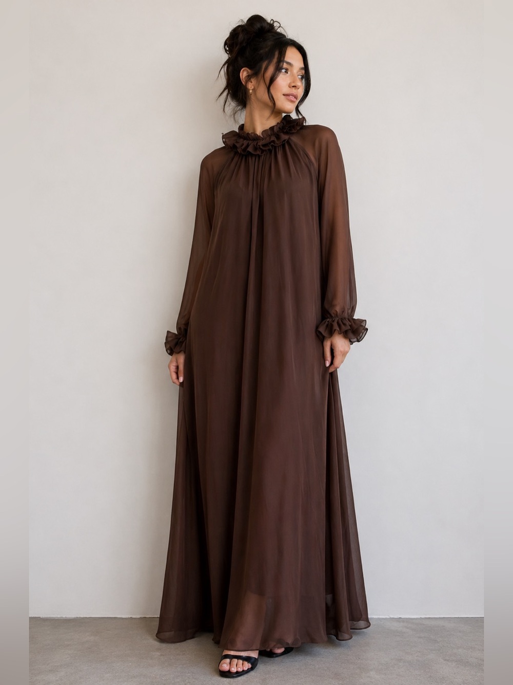 Maia Hemera “Coco” Chocolate Brown Ruffle-Neck Maxi Dress - Lg